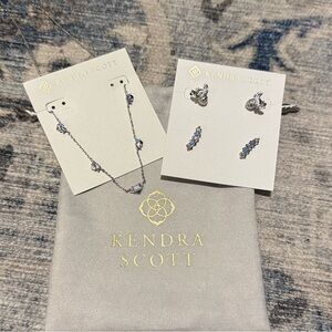 Kendra Scott Silver and Blue Stud Earrings and Matching Necklace